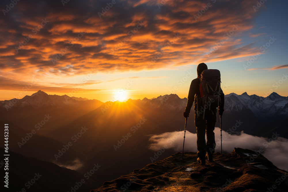 Hiker on the top of the mountain looking at the beautiful landscape sunset Hiker on the top of the mountain looking at the beautiful landscape sunset