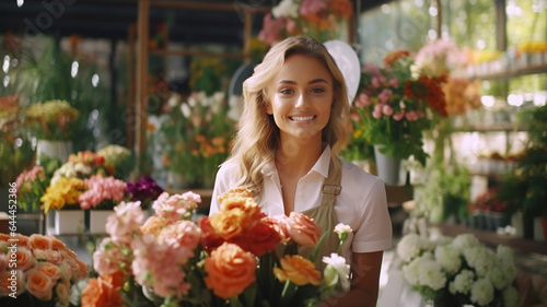 A Beautiful young woman  the Netherland put on an apron sflorist smile happiness gardener posing in greenhouse. Small business owner in flower shop Generative AI © Paveena yodlee