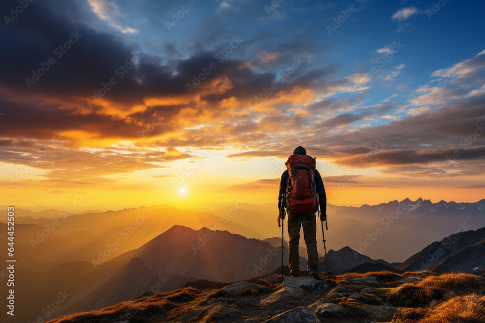 Hiker on the top of the mountain looking at the beautiful landscape sunset Hiker on the top of the mountain looking at the beautiful landscape sunset