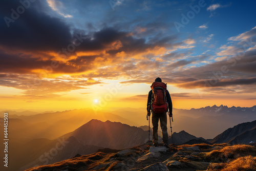 Hiker on the top of the mountain looking at the beautiful landscape sunset