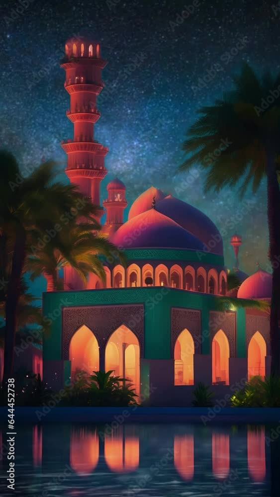 Beautiful colorful mosque at night, vertical video, seamless looping ...