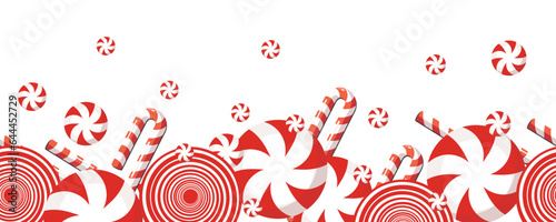 The border is a sweet Christmas candy. Lollipop on a stick. Festive sweetness. Caramel candies. Sweet New Year's dessert. Vector illustration