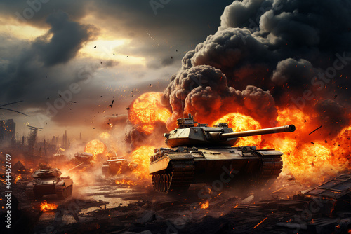 War Concept. Military silhouettes fighting scene tank on war fog sky background,