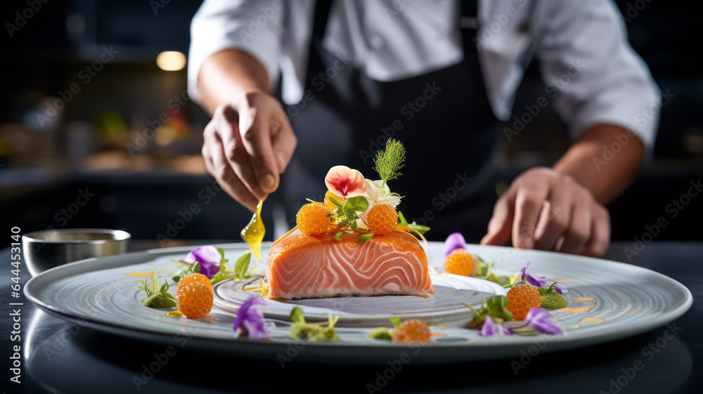 Elegant dish presented in the foreground with a chef in the background.