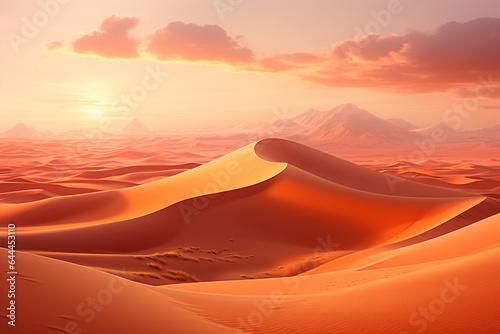 Desert sand dunes at sunset, 3d render nature background