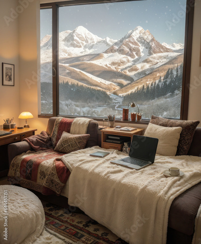 Ambiance chaleureuse avec coussins, couvertures et ordinateur dans une chambre avec vue sur la montagne enneigée en hiver photo