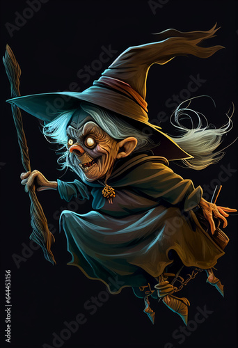 Wicked, old witch with a broom on a black background. AI Generated