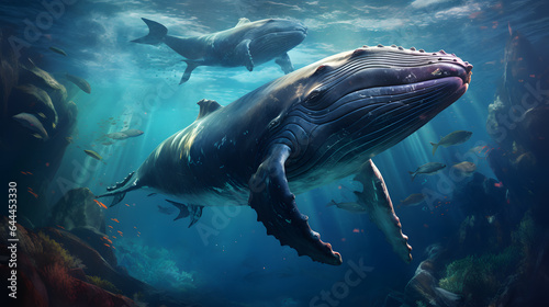 A pair of humpback whales dive into the deep ocean abyss, their massive tails breaking the surface. The scene captures the mysterious and humbling nature of the ocean's vast depths. © CanvasPixelDreams
