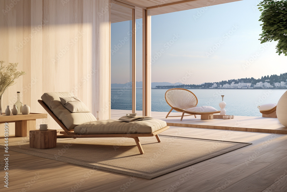 Fototapeta premium Modern living room interior design with sea view, sofa and armchair. 3d render