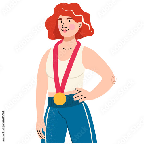 The woman in a sports outfit is proudly holding a gold medal. Woman champion with gold medal for sports achievements.