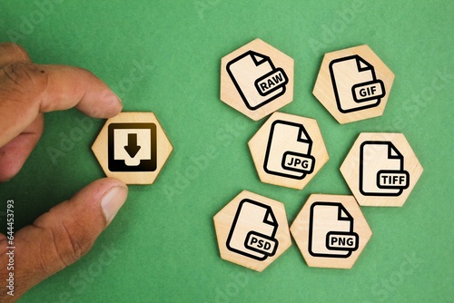 wooden hexagon with save file icon or download file format JPEG, PNG, GIF, TIFF, PSD And RAW file. files are saved into folders. Concept document management system or DMS. Highest Quality Image Format