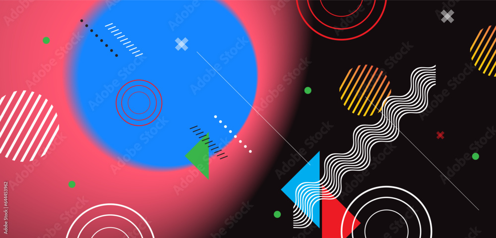 Obraz premium Abstract geometric background with colorful shapes and doodles. Vector illustration