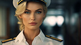 Female captain of a cruise ship. Portrait of a gorgeous blonde woman. Generative AI