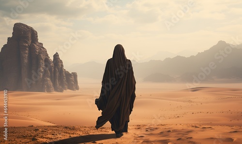 woman in black abaya walking in arid desert, ai generative