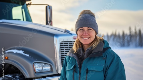 Portrait of a female truck driver in front of her truck in winter conditions