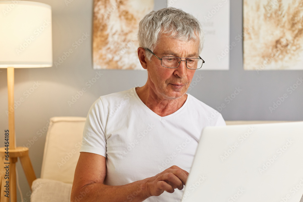 Senior gray haired man wearing white T-shier and glasses sitting on couch in living room holding laptop typing on keyboard looking at display retired male working on online