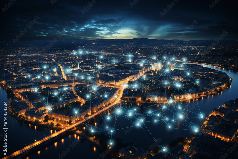 Aerial view of buildings city at night with internet network connection.