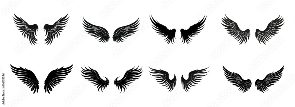 Set of black wings icons. Badges with wings. Collection badges with wings in flat style. Vector illustration