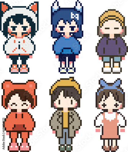 A collection of pixel art icons of girls in different styles of clothes. 8-bit character desighn. Game character. Retro. Memories of the past.