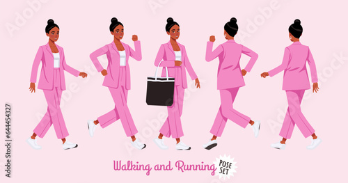 African american woman in pink suit walking, running pose set. Wide pants, loose fit business casual wear. Fashion, social media, style, beauty and pop culture blogger. Cartoon character illustration