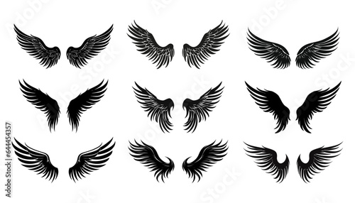 Set of black wings icons. Badges with wings. Collection badges with wings in flat style. Vector illustration