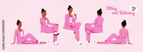 African american woman in pink suit sitting, relaxing pose set. Wide pants, loose fit business casual wear. Fashion, social media, style, beauty and pop culture blogger. Cartoon character illustration