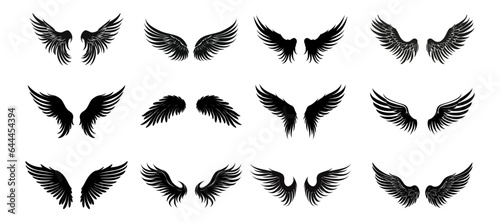 Set of black wings icons. Badges with wings. Collection badges with wings in flat style. Vector illustration