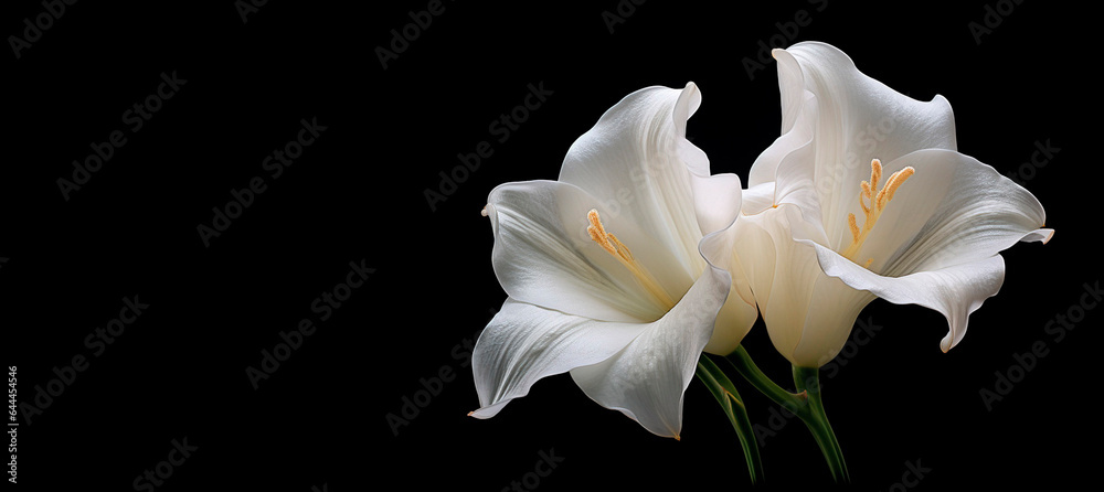 Two white lilies on a black background with copy space Two white lilies on a black background with copy space