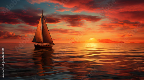 A sailboat glides peacefully on calm waters toward a setting sun, leaving a trail of soft ripples behind. The scene conveys a sense of serenity and the promise of new horizons.