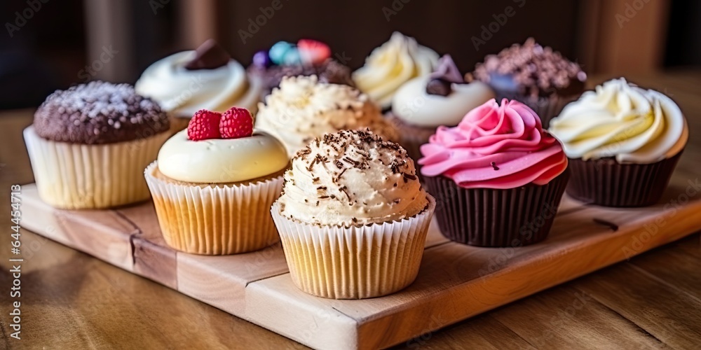 Cupcake extravaganza. Colorful mini treats on wooden table. Sweet temptations. Delicious cupcakes for celebration. Berry bliss. Fresh fruits and cream