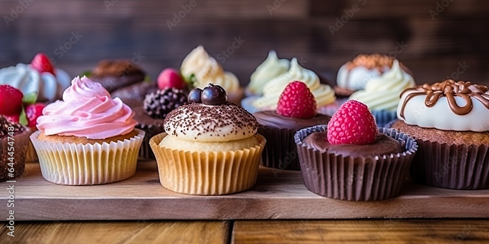 Cupcake extravaganza. Colorful mini treats on wooden table. Sweet temptations. Delicious cupcakes for celebration. Berry bliss. Fresh fruits and cream Cupcake extravaganza. Colorful mini treats on wooden table. Sweet temptations. Delicious cupcakes for celebration. Berry bliss. Fresh fruits and cream