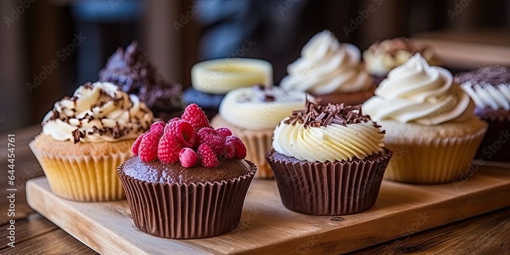 Cupcake extravaganza. Colorful mini treats on wooden table. Sweet temptations. Delicious cupcakes for celebration. Berry bliss. Fresh fruits and cream