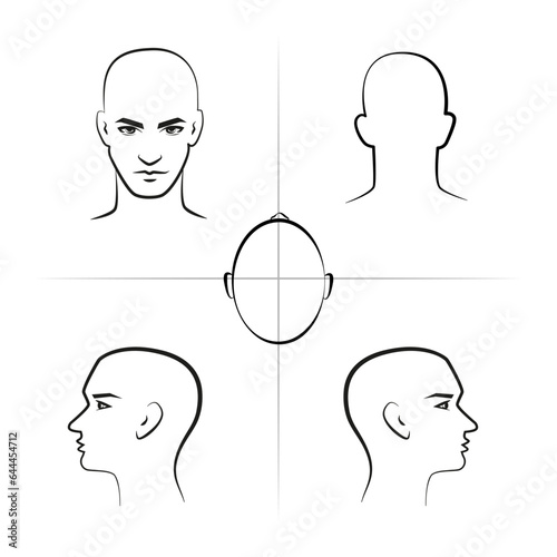 Diagram of man head for hairstylist. Manual for beauty salon, lesson, masterclass, barbershop. Man's face in front, profile, from above. Vector realistic line sketch illustration