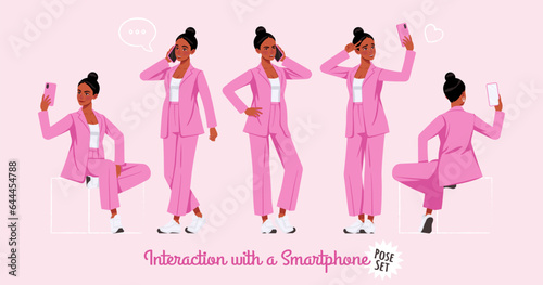 African american woman in pink suit using smartphone pose set. Wide pants, loose fit business casual wear. Fashion, social media, style, beauty, pop culture blogger. Cartoon character illustration