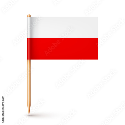Polish toothpick flag. Souvenir from Poland. Wooden toothpick with paper flag. Location mark, map pointer. Blank mockup for advertising and promotions. Vector illustration