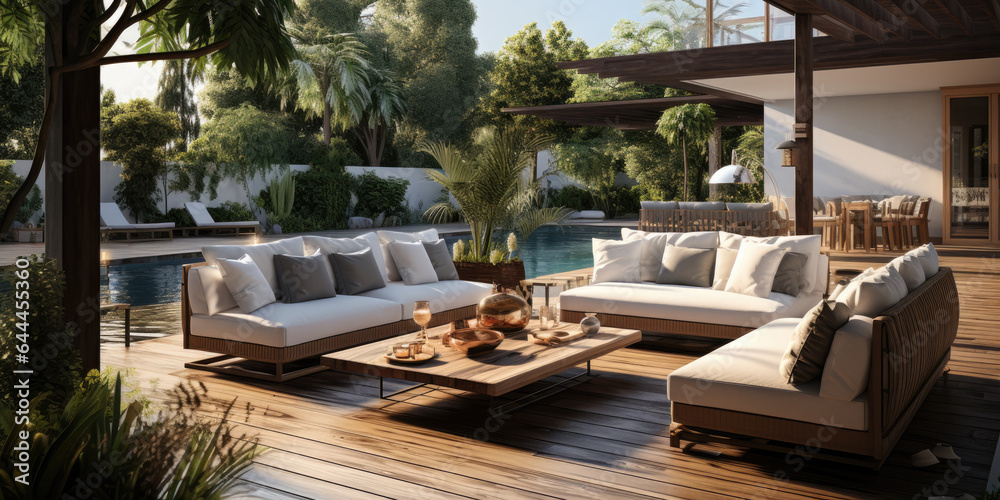 Luxurious interior design: spacious modern luxury terrace in a house with a swimming pool, rattan furniture