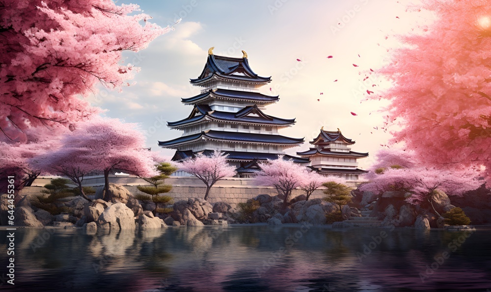 Animation of pink Japanese natural scenery and castles, AI generative