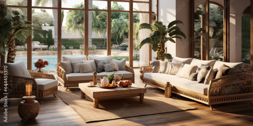 Luxurious living room in a house with rattan furniture and panoramic windows overlooking the pool