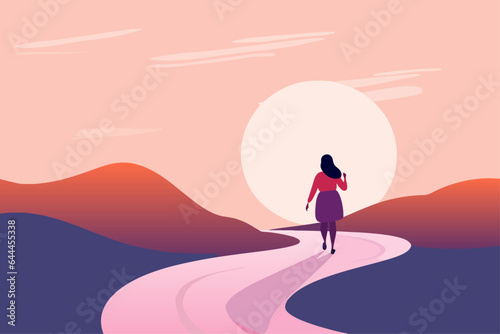 woman walking down a path towards sunset, confident woman going forward with her life goals, vector illustration