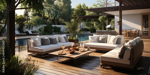 Luxurious interior design: spacious modern luxury terrace in a house with a swimming pool, rattan furniture