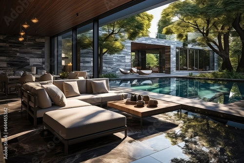 Luxurious living room in a house with panoramic windows overlooking the pool