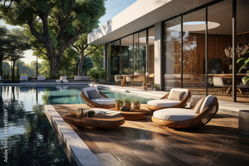 Interior design: spacious modern luxury terrace in a house with a swimming pool, rattan furniture. photo