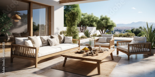 Luxurious interior design: spacious modern luxury terrace in a house with a swimming pool, rattan furniture. © Dinara