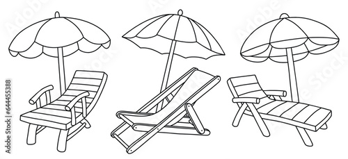 Set of hand drawn beach chairs. beach Chair Line art black isolated on white background.