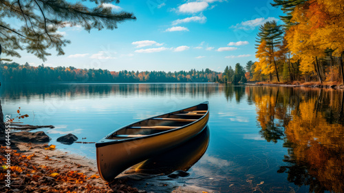 An yellow canoe parked on a lake with spectacular landscape © graja