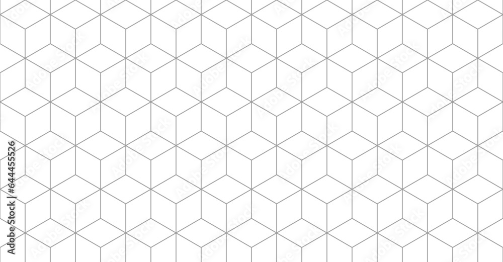 Isometric cube grid seamless pattern. Line isometric grid with editable strokes. Cubic hexagon texture. Rhombus mesh background. Geometric squared pattern. Vector illustration on white background. Isometric cube grid seamless pattern. Line isometric grid with editable strokes. Cubic hexagon texture. Rhombus mesh background. Geometric squared pattern. Vector illustration on white background.