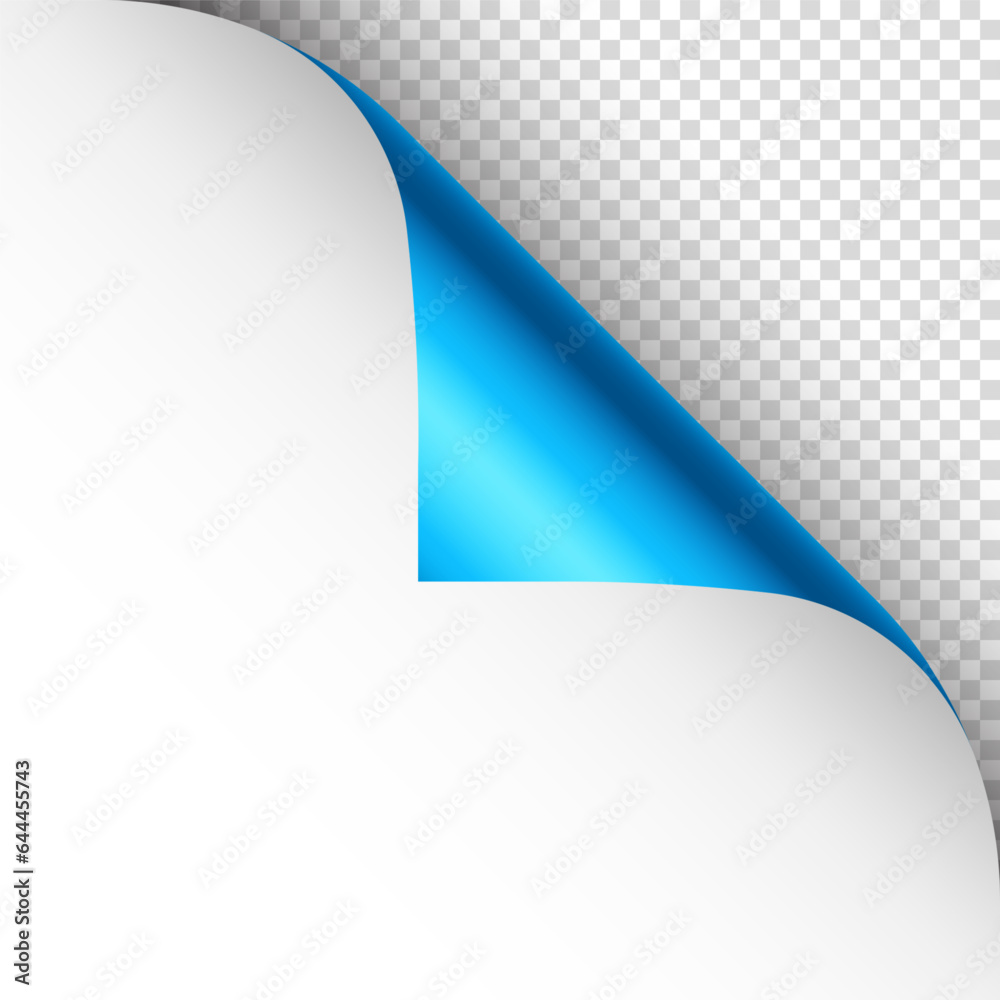 Blue paper curl. Curled page corner with shadow. Blank sheet of paper. Colorful shiny foil. Design element for advertising and promotion. Vector illustration. Blue paper curl. Curled page corner with shadow. Blank sheet of paper. Colorful shiny foil. Design element for advertising and promotion. Vector illustration.