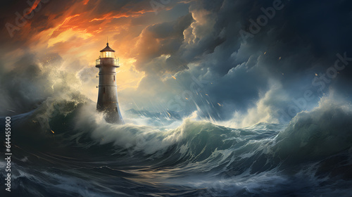 Amidst a tempestuous sea, a steadfast lighthouse sends out its guiding beam of light. The scene symbolizes resilience in the face of adversity and the comforting presence of beacons in the darkness. © CanvasPixelDreams