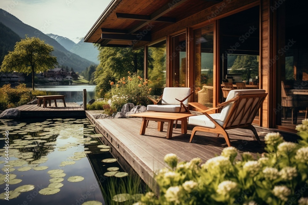 Scenic wooden house by a lake and mountains with a wooden terrace, adorned with white fabric chairs, amidst nature. Generative AI