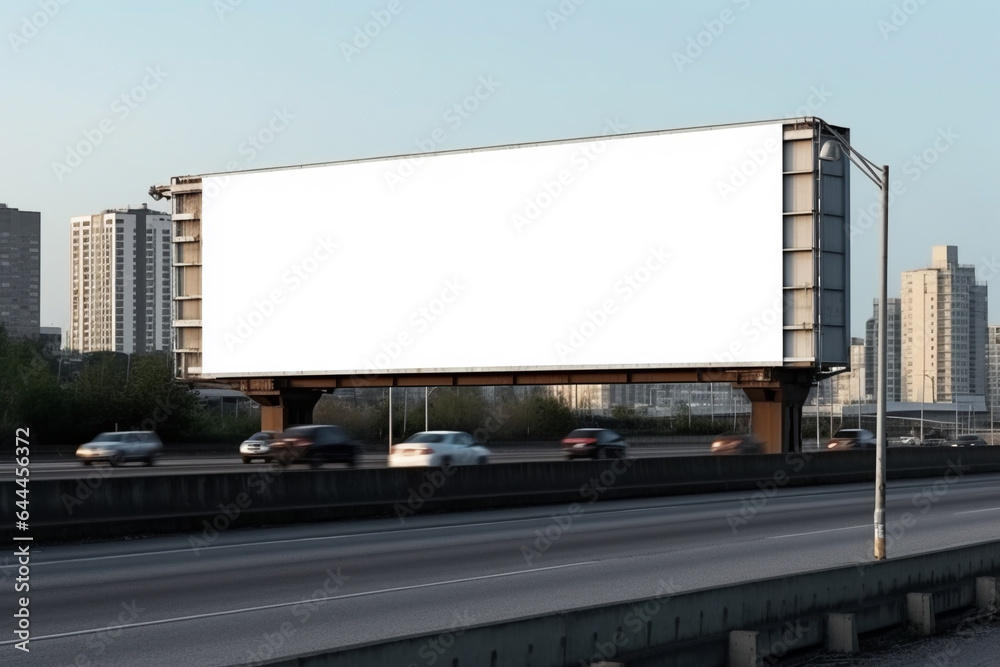 an empty white billboard for your advertising stands in near the road in a large urban metropolis. blank advertising billboard mockup on the road. blue sky background. Generative AI